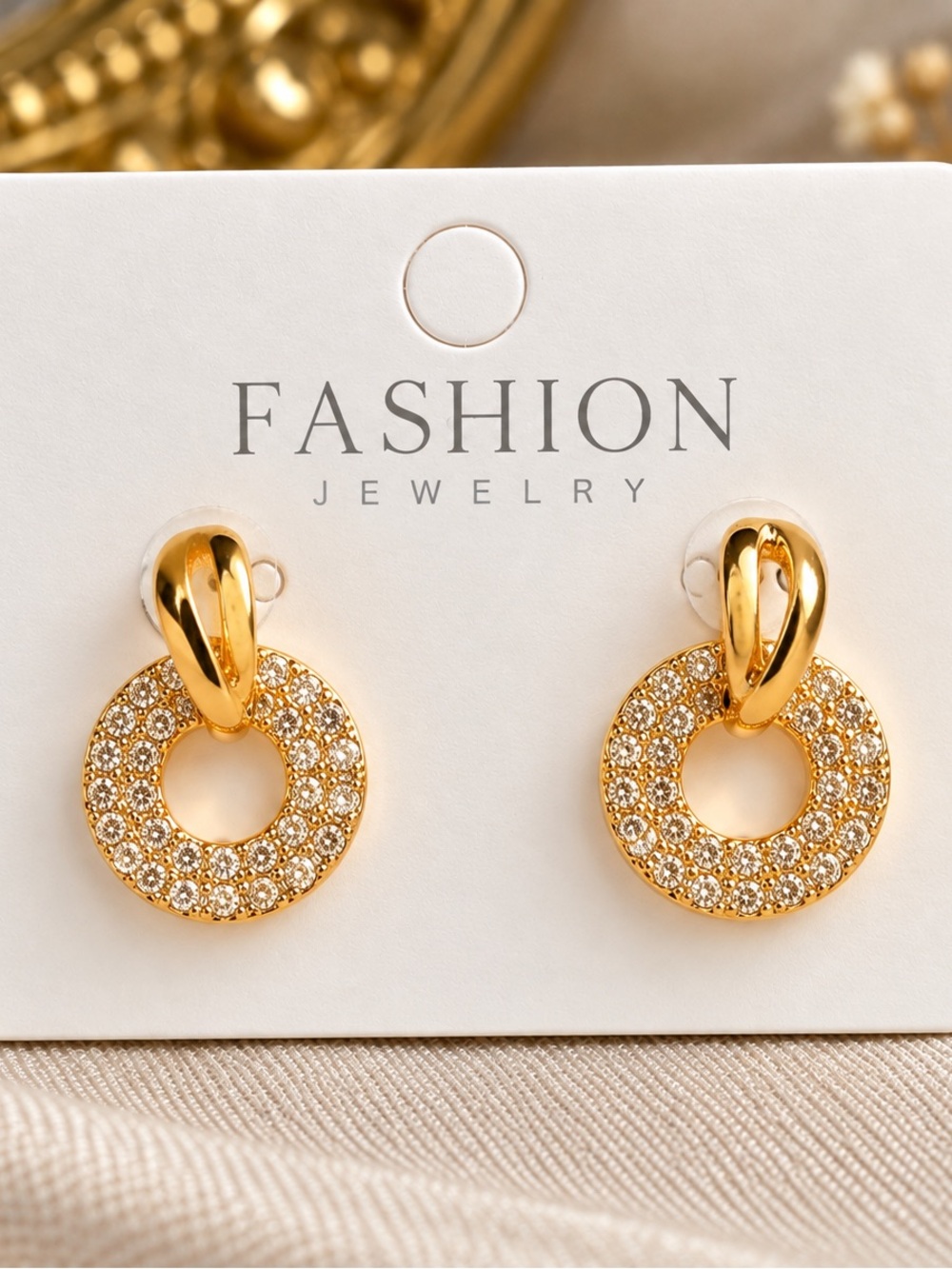Gold Crystal Pavé Circle Drop Earrings by Fashion Jewelry
